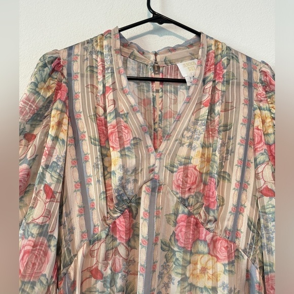 Anna Sui Whisper Rose Floral Striped Asymmetrical Puff Sleeves Cream Dress 6 - Picture 4 of 16